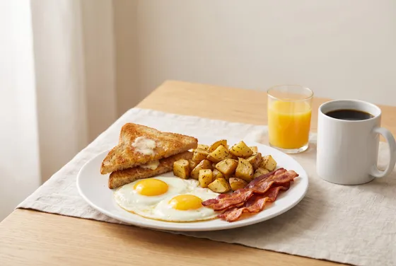 Fried eggs, bacon, potatoes and toast with coffee