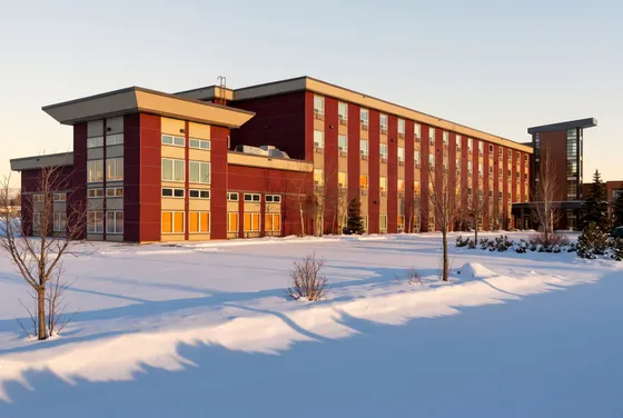 Hotel wing of Stoney Nakoda Resort on a winter morning